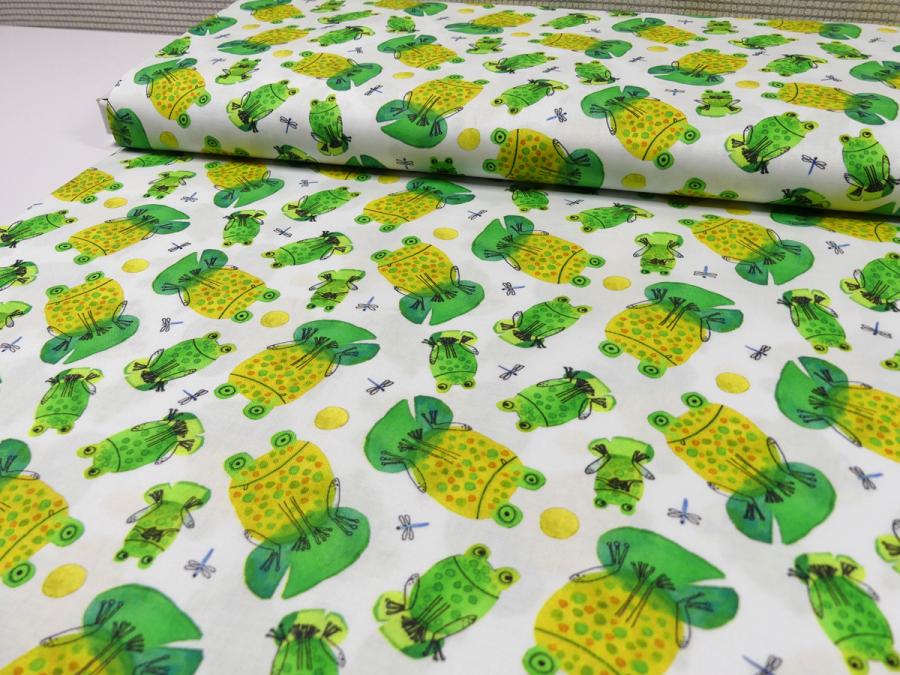 Preview: Frogtastic Benartex Patchworkstoff mit Frösche grün gelb